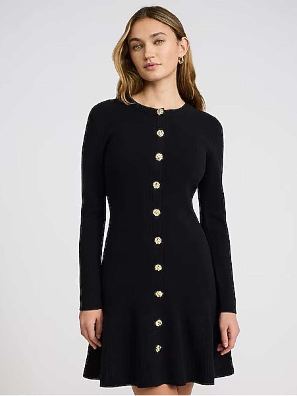 NWT Long Sleeve Novelty Button Ruffle Mini Sweater Dress
